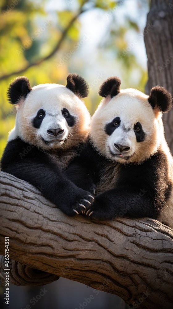 Two pandas sitting together looking content and relaxed