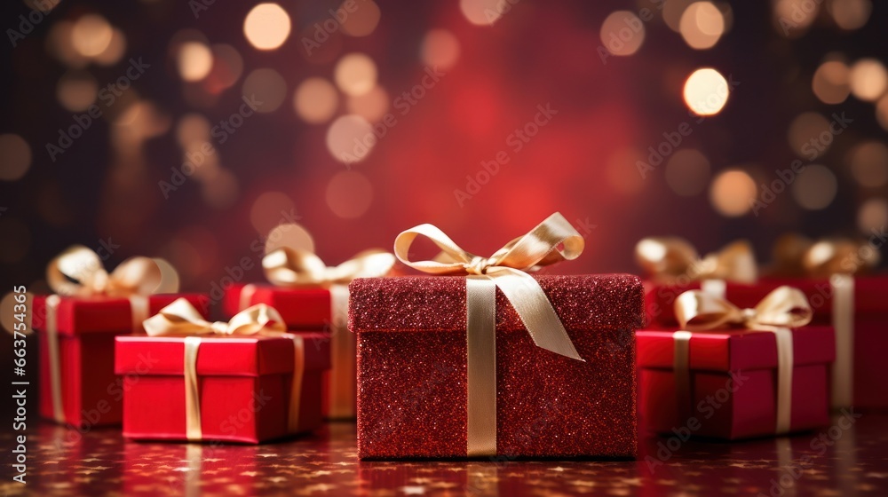 Christmas red gift boxes with gold bow on defocused holiday background with copy space