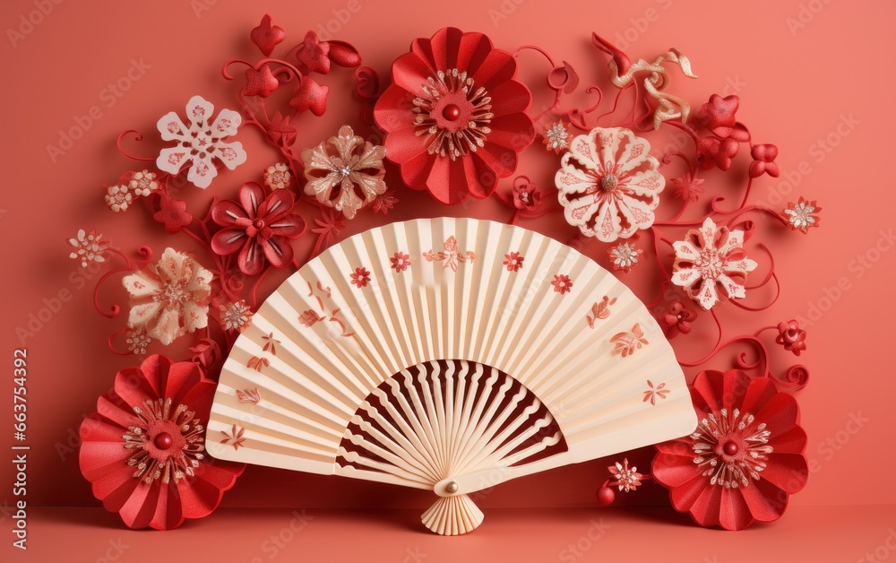 happy chinese new year in style with red chinese paper fan on beige background stockforward