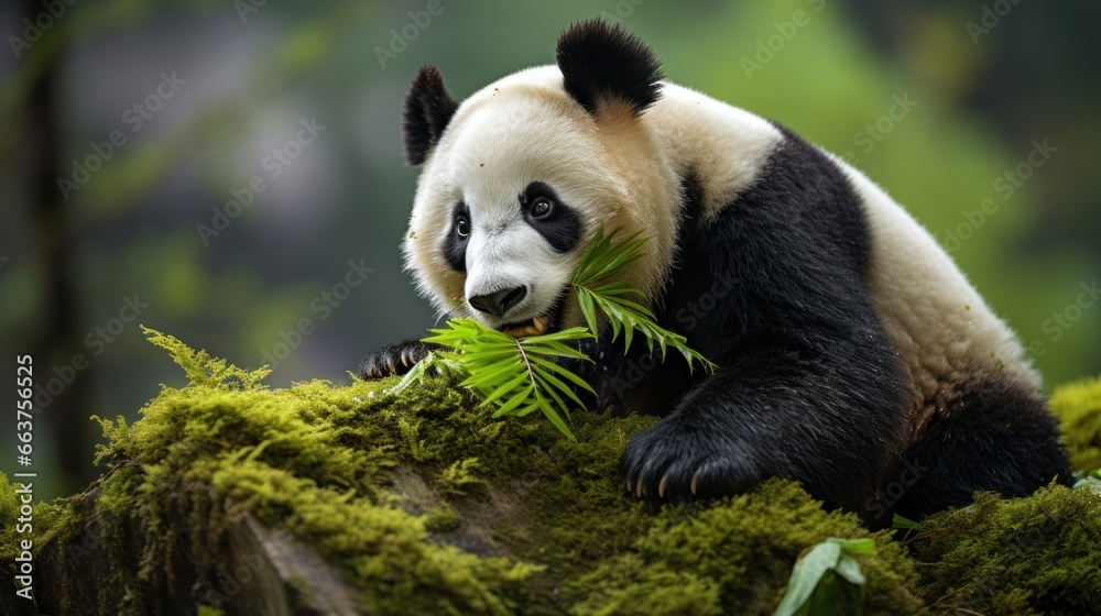 A panda sitting on a rock munching on bamboo leaves