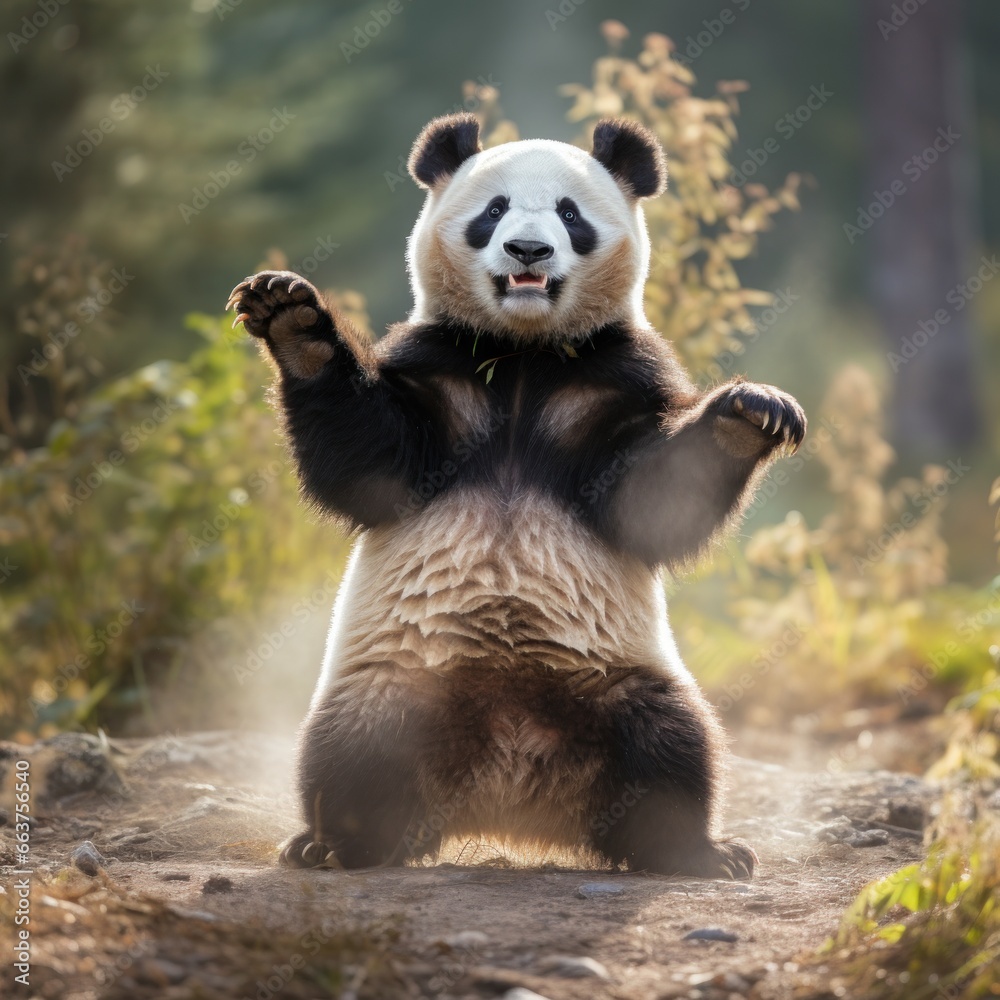 A panda standing on its hind legs, reaching up to grab some bamboo