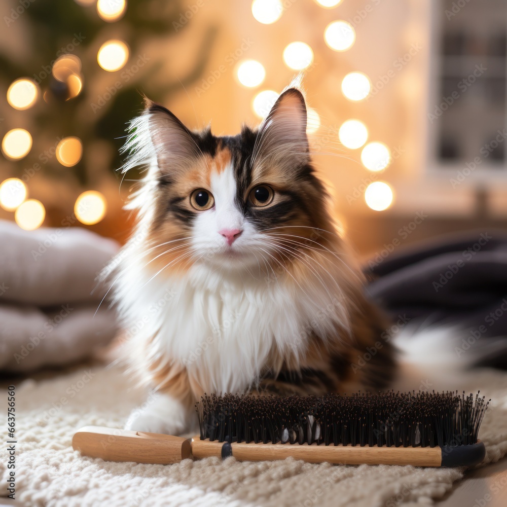 Cute calico cat being combed with a wooden brush in a cozy setting