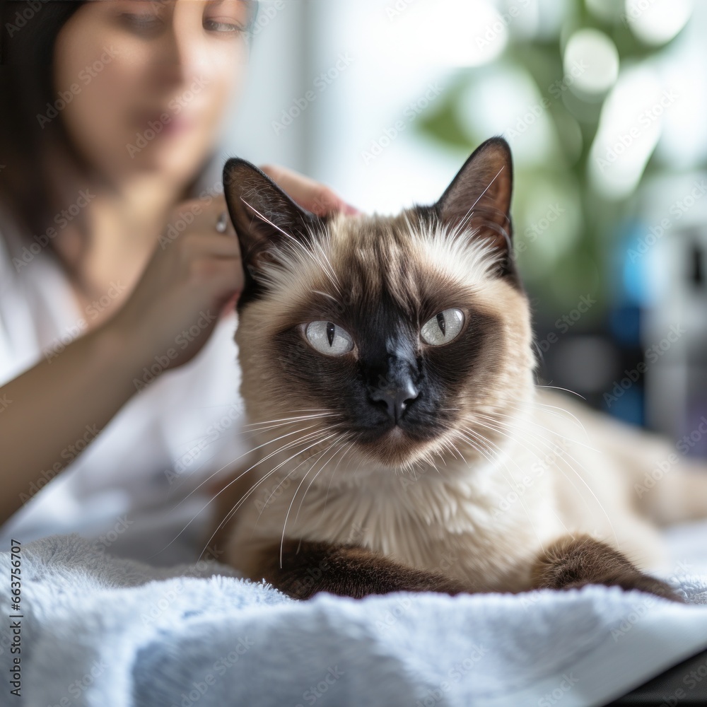 Contented Siamese cat receiving a thorough grooming from a caring owner