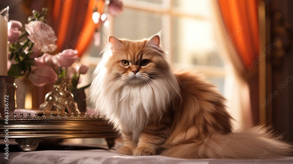 Regal Persian cat being brushed with a golden comb in a luxurious setting