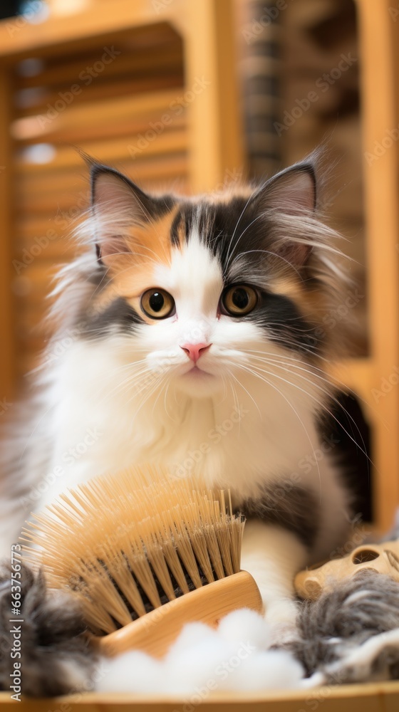 Cute calico cat being combed with a wooden brush in a cozy setting