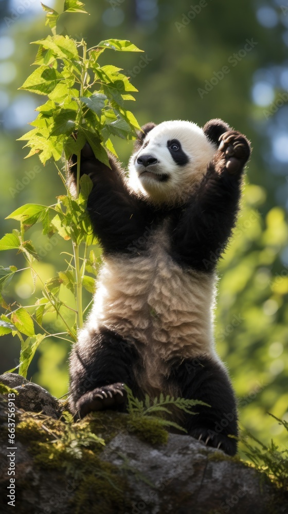 A panda standing on its hind legs, reaching up to grab some bamboo