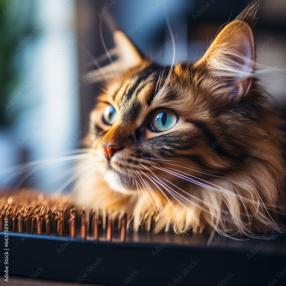 Curious tortoiseshell cat watching its owner comb its fur with a blue brush