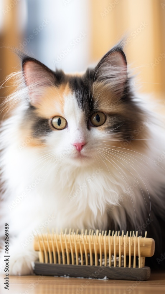 Cute calico cat being combed with a wooden brush in a cozy setting