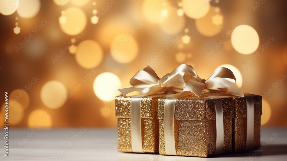 Christmas gift boxes with gold bow on defocused holiday