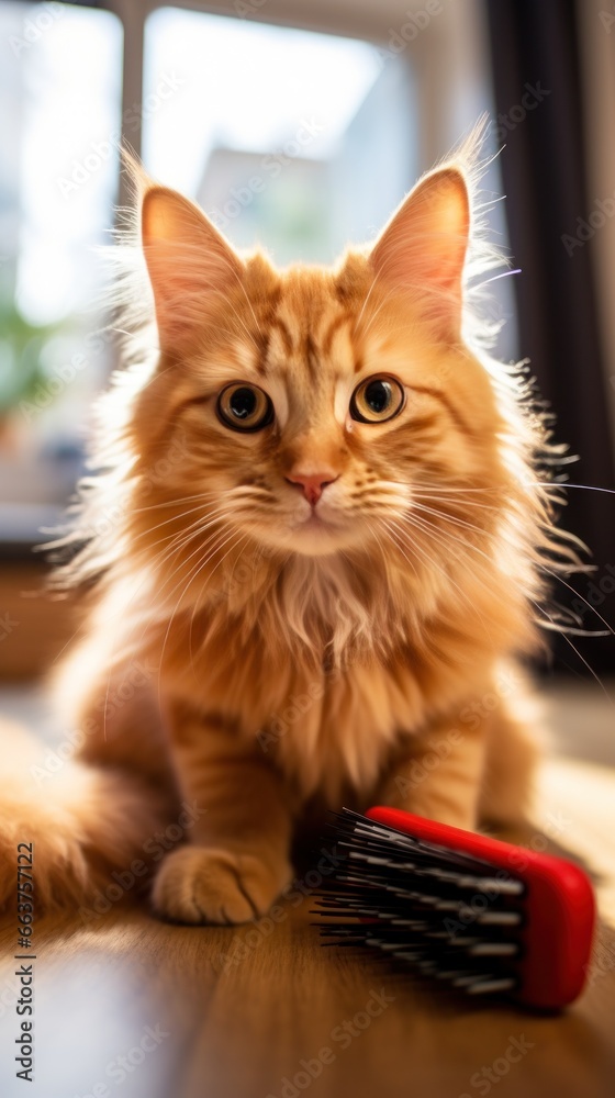 Adorable orange tabby cat being brushed with a red comb