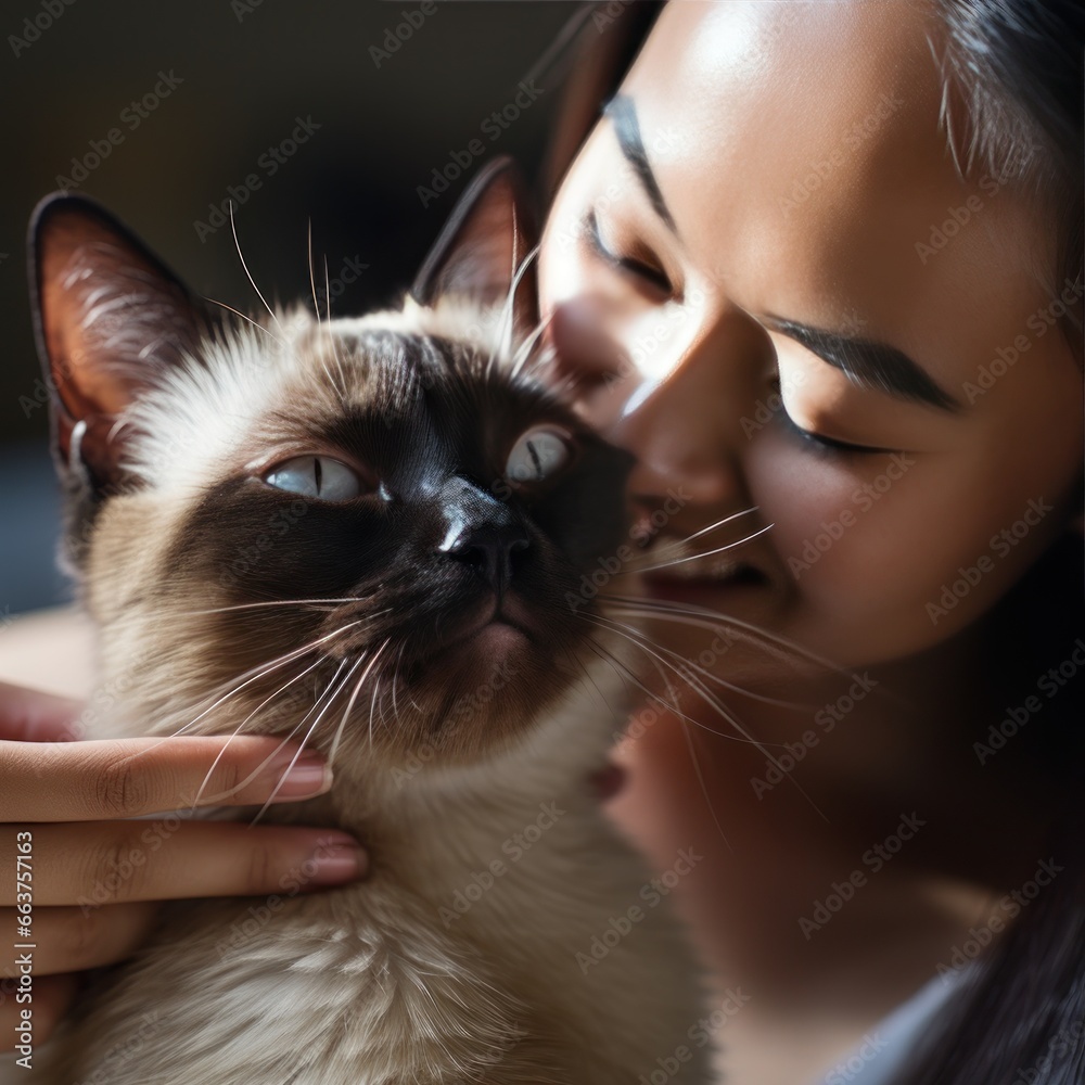 Contented Siamese cat receiving a thorough grooming from a caring owner