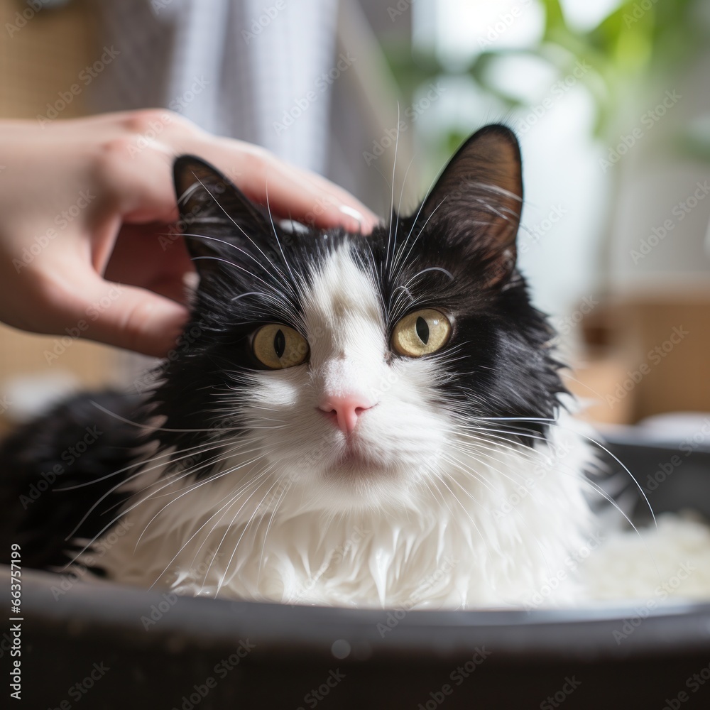 Furry black and white cat getting pampered by a gentle hand