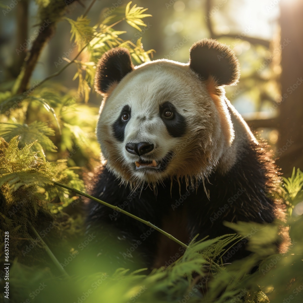 A panda walking through a bamboo forest, with sunlight streaming through the trees.