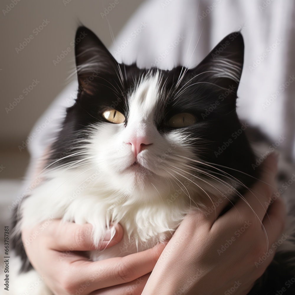 Furry black and white cat getting pampered by a gentle hand