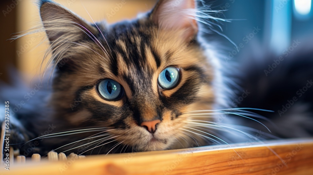 Curious tortoiseshell cat watching its owner comb its fur with a blue brush