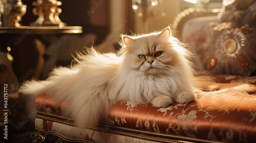 Regal Persian cat being brushed with a golden comb in a luxurious setting