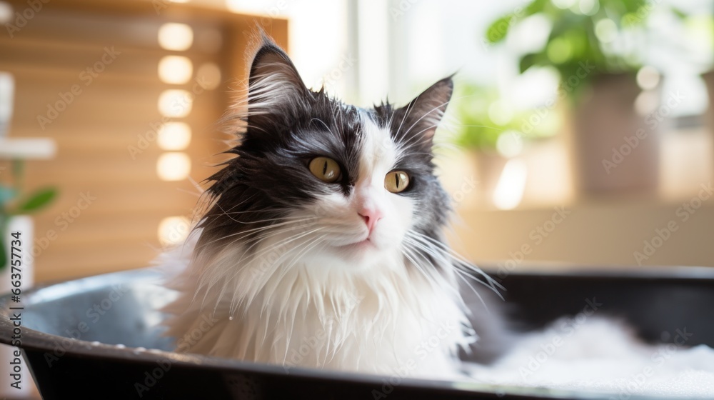 Furry black and white cat getting pampered by a gentle hand