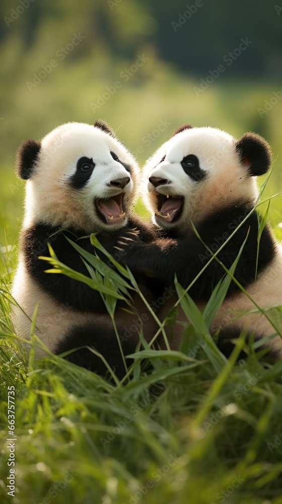 Two pandas playfully wrestling in a grassy field