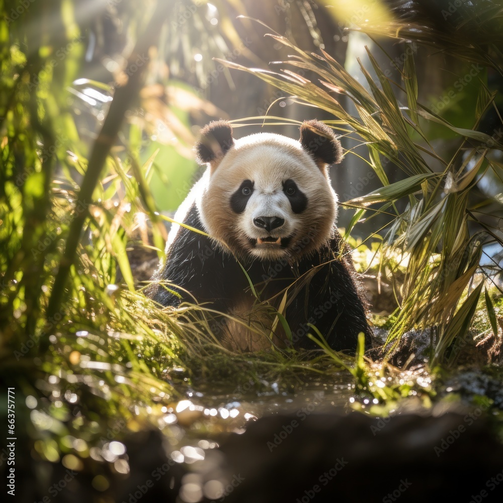 A panda walking through a bamboo forest, with sunlight streaming through the trees.