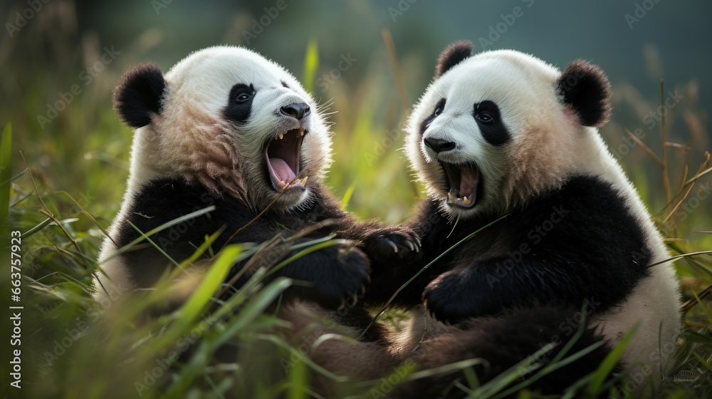 Two pandas playfully wrestling in a grassy field