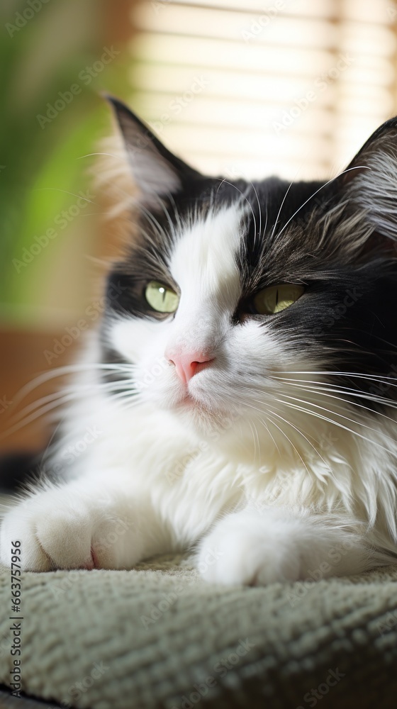 Furry black and white cat getting pampered by a gentle hand