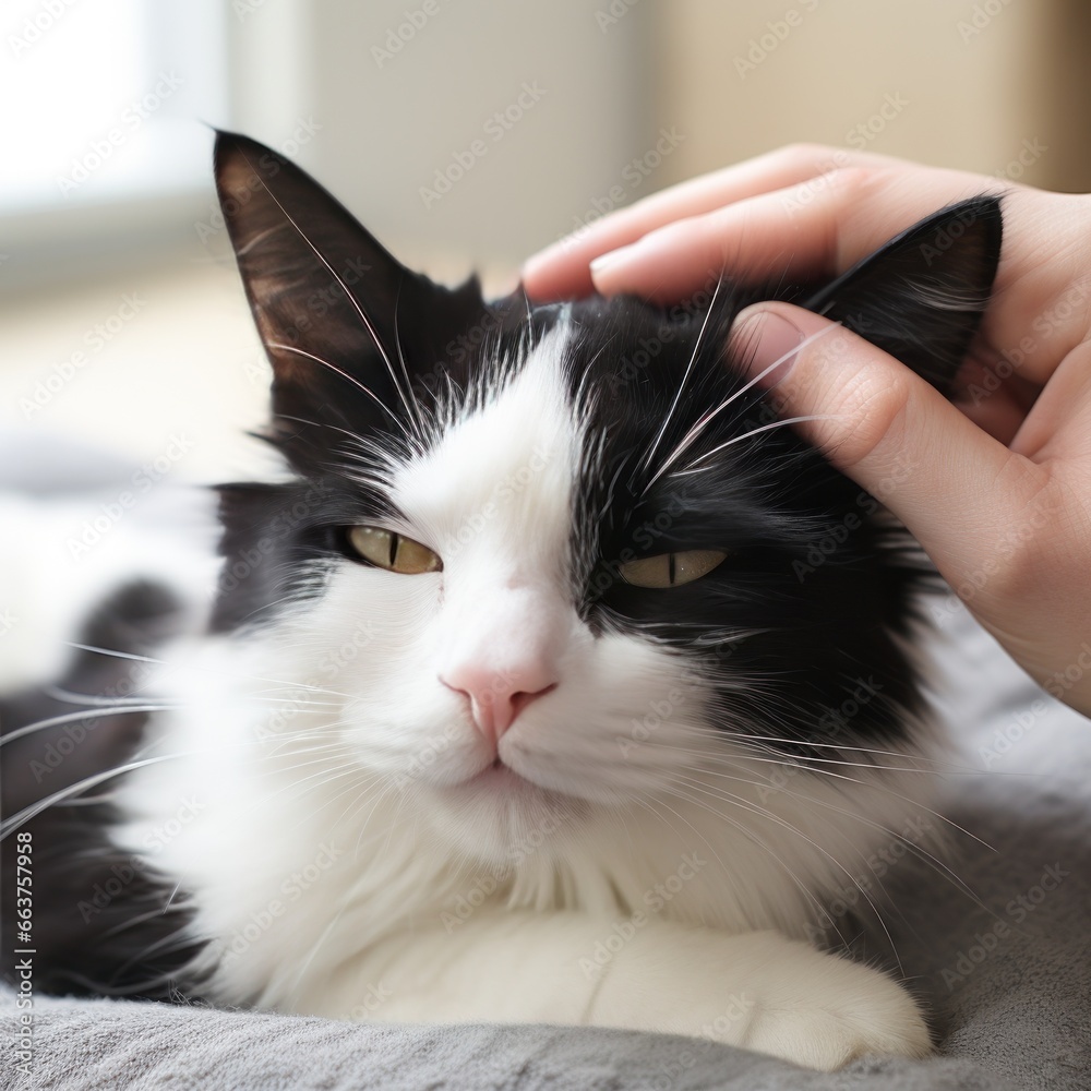 Furry black and white cat getting pampered by a gentle hand