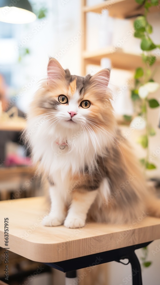 Affectionate long-haired cat enjoying a grooming session