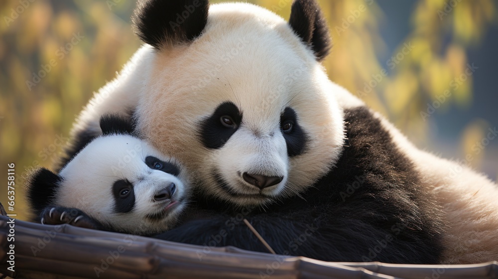 A mother panda and her cub snuggled up together for a nap