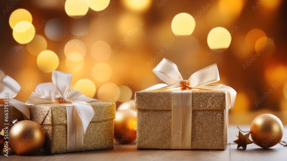 Christmas gift boxes with gold bow on defocused holiday