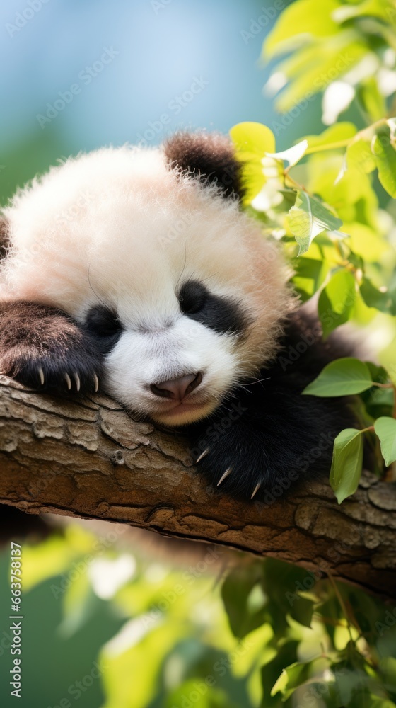 A baby panda napping on a tree branch, surrounded by lush greenery