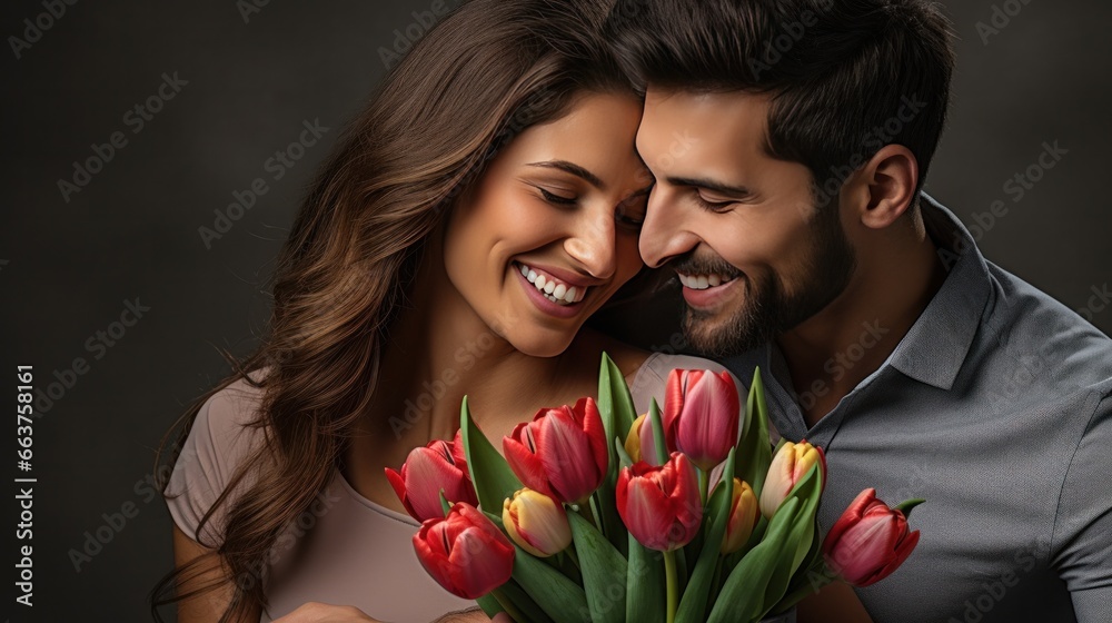 A Youthful Couple with a Bucket of Tulips on a Grey Backround