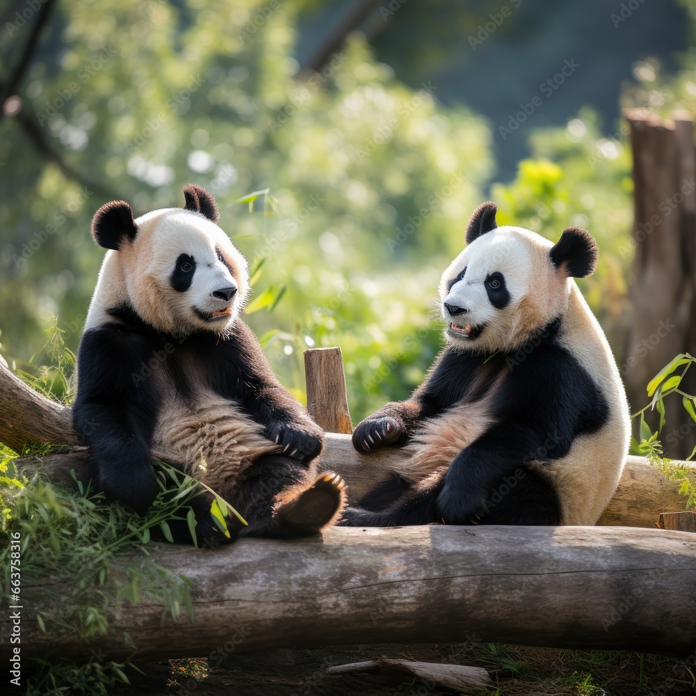 Two pandas sitting together looking content and relaxed