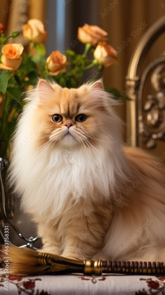 Regal Persian cat being brushed with a golden comb in a luxurious setting