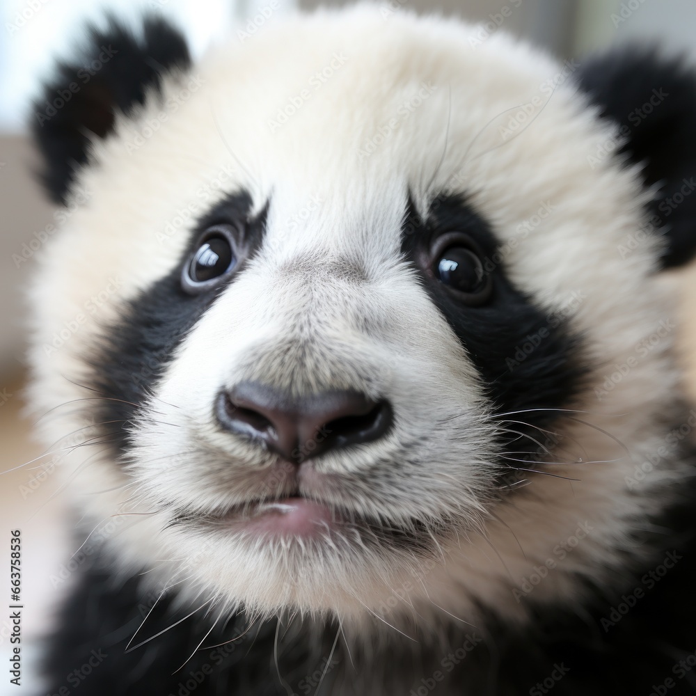 Close-up of a pandas face with adorable black and white