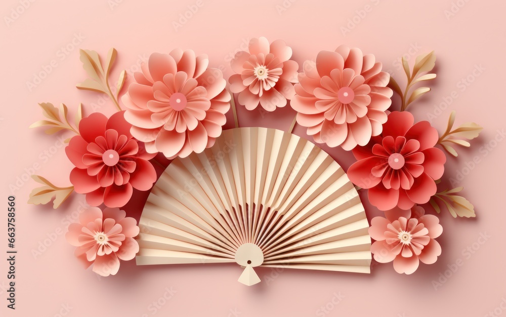 happy chinese new year in style with red chinese paper fan on beige background stockforward