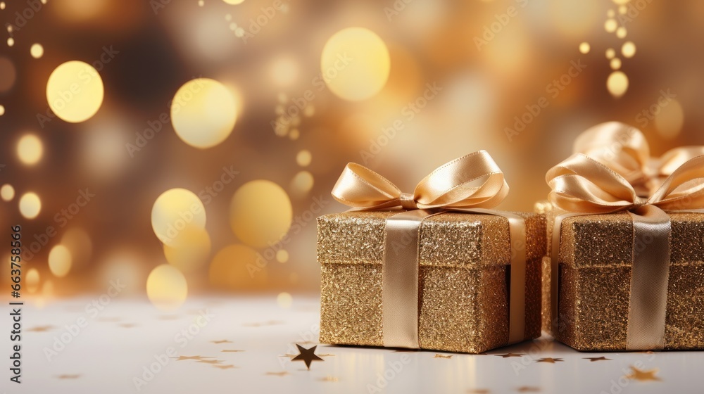 Christmas gift boxes with gold bow on defocused holiday