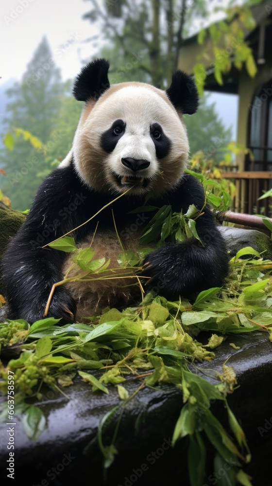 A panda sitting on a rock munching on bamboo leaves