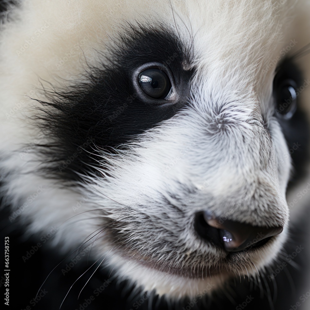 Close-up of a pandas face with adorable black and white