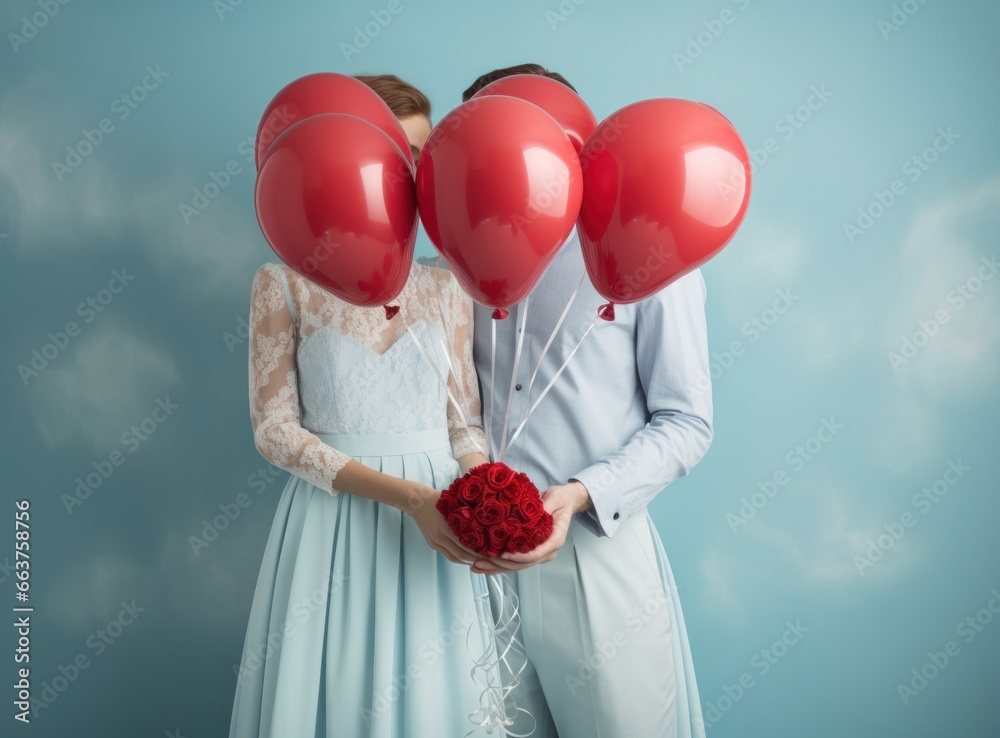 couple holding balloons while holding bouquet of red roses and holding hearts