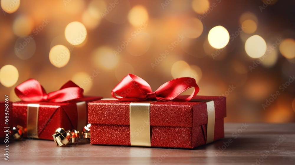 Christmas red gift boxes with gold bow on defocused holiday background with copy space