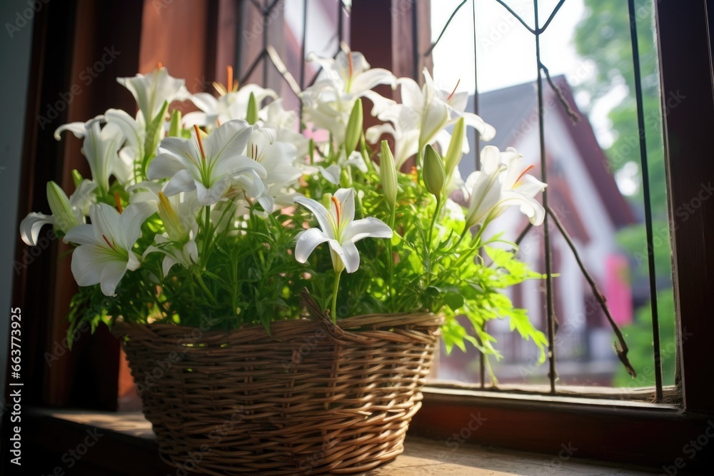 basket of blooming lilies placed near a church window