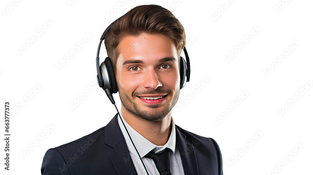 Male customer service representative in headset consulting clients online. Call center agent. Generative AI