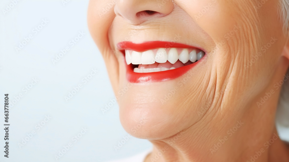 Closeup of beautiful smile of elderly woman with healthy white teeth. Healthcare concept. Generative AI