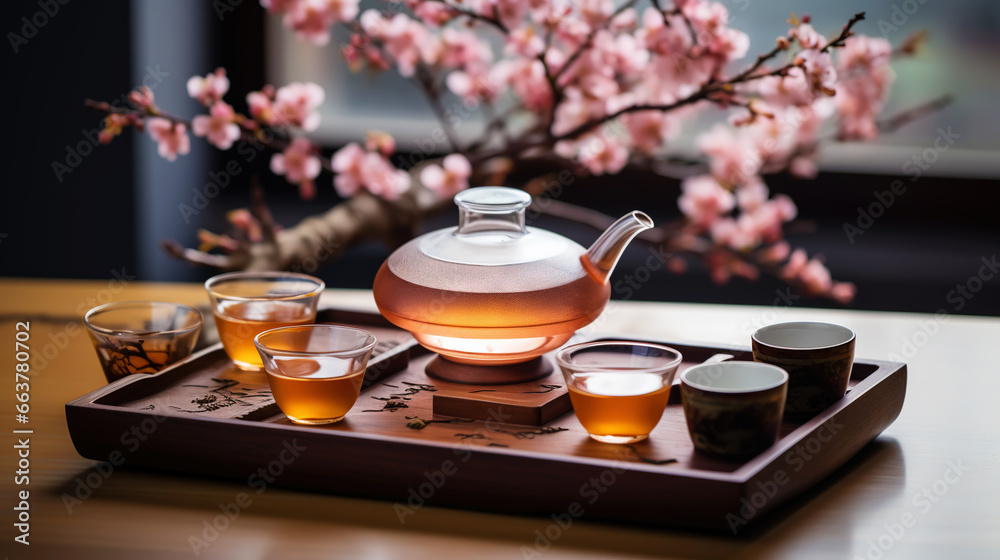 Tea ceremony, traditional teapot and ceramic cups on wooden tray on dark background with sakura blossoms. Generative AI