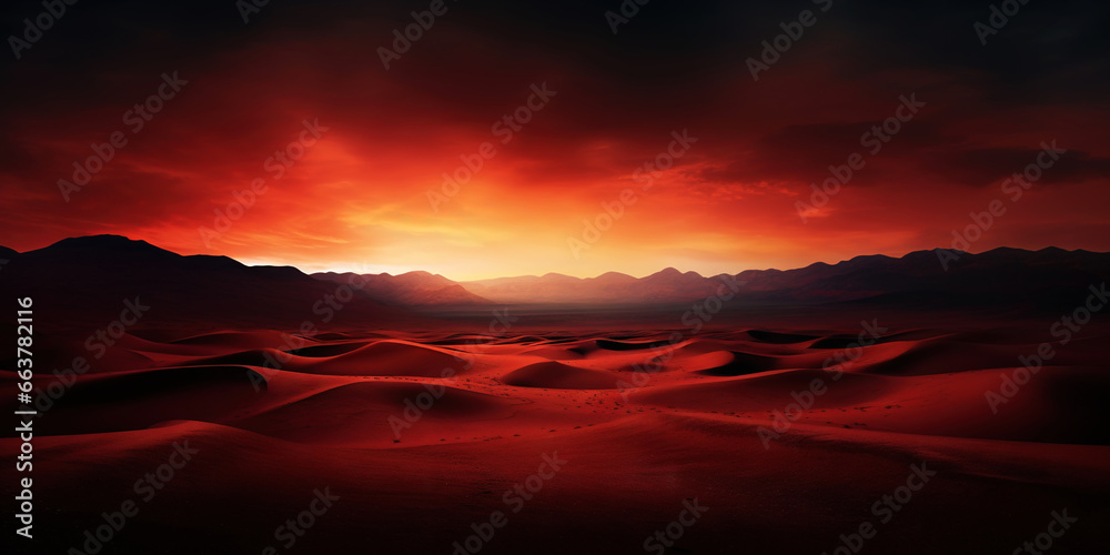 Dramatic sky over desert. Dark clouds over sand dunes. Generative AI