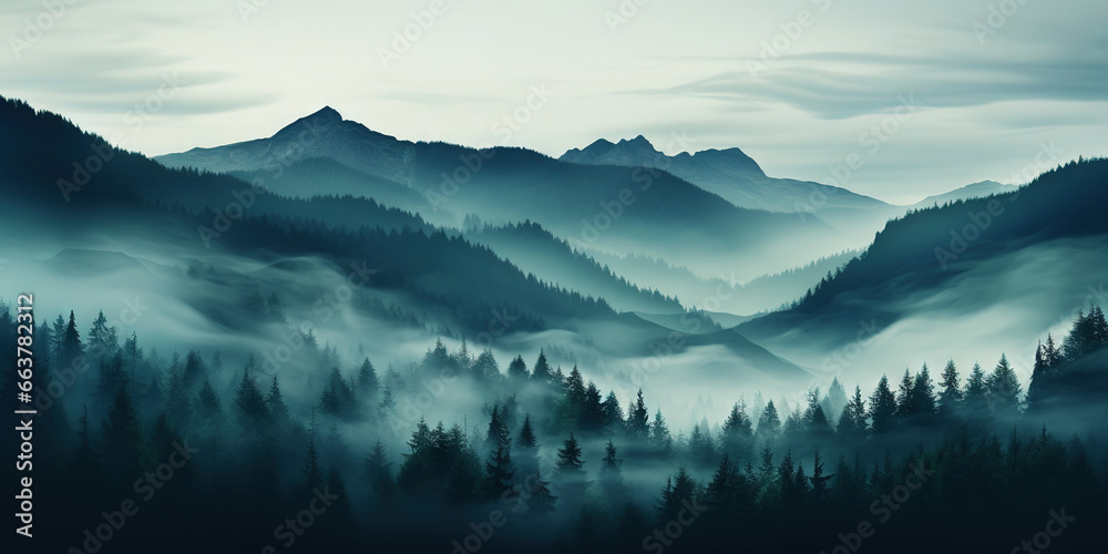 Misty mountain landscape with fir forest in vintage retro style. Generative AI