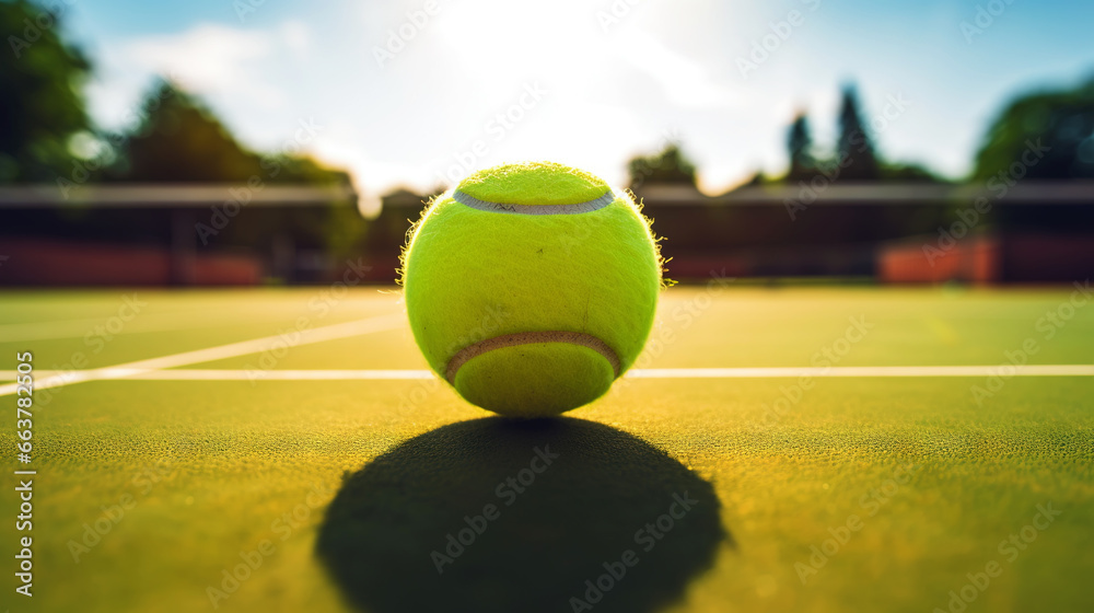 Closeup of tennis ball on empty court. Tennis match on sunny day. Concept of a sporty lifestyle. Generative AI