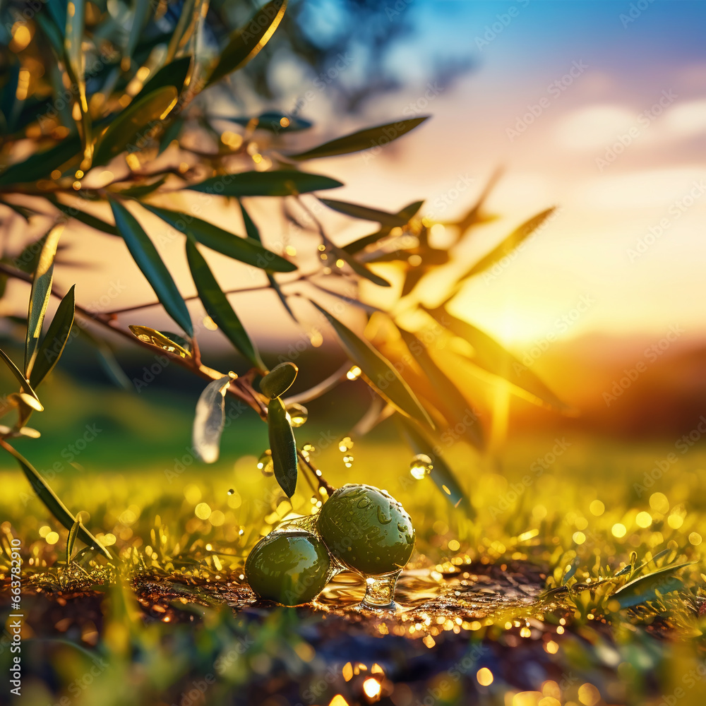 Closeup of olives with dew drops on the branch of olive tree on the sunset. Generative AI