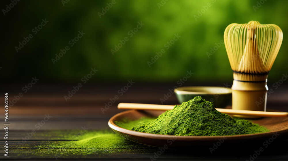 Closeup of matcha tea powder in a wooden plate with whisk on dark background, side view, copy space. Generative AI