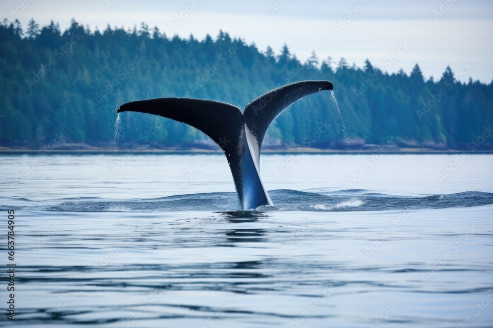 a whales tail about to slip below the waters surface